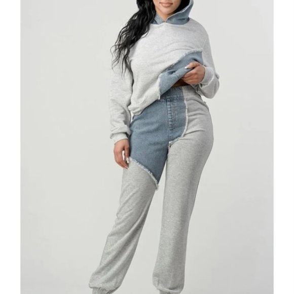 Denim Insert Sweatsuit - Picture 1 of 12
